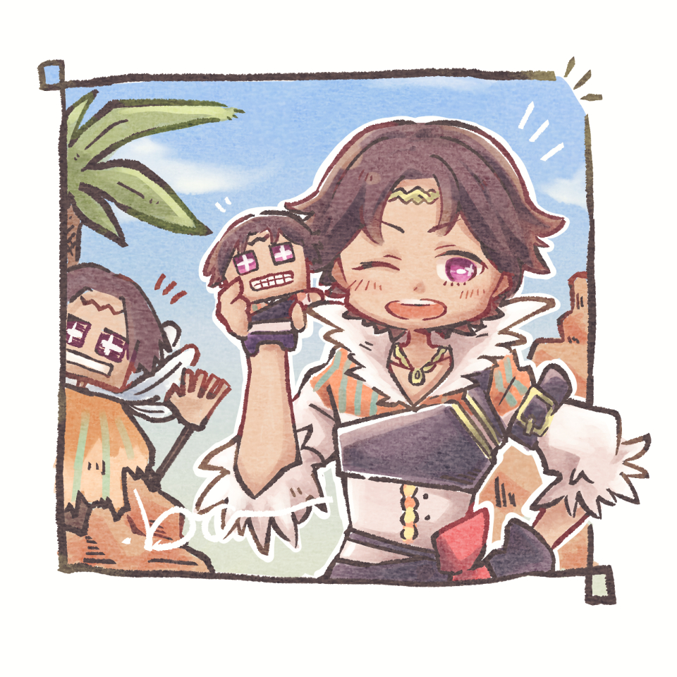 1boy, brown_eyes, brown_hair, dark-skinned_male, dark_skin, feather_collar, fire_emblem, fire_emblem_engage