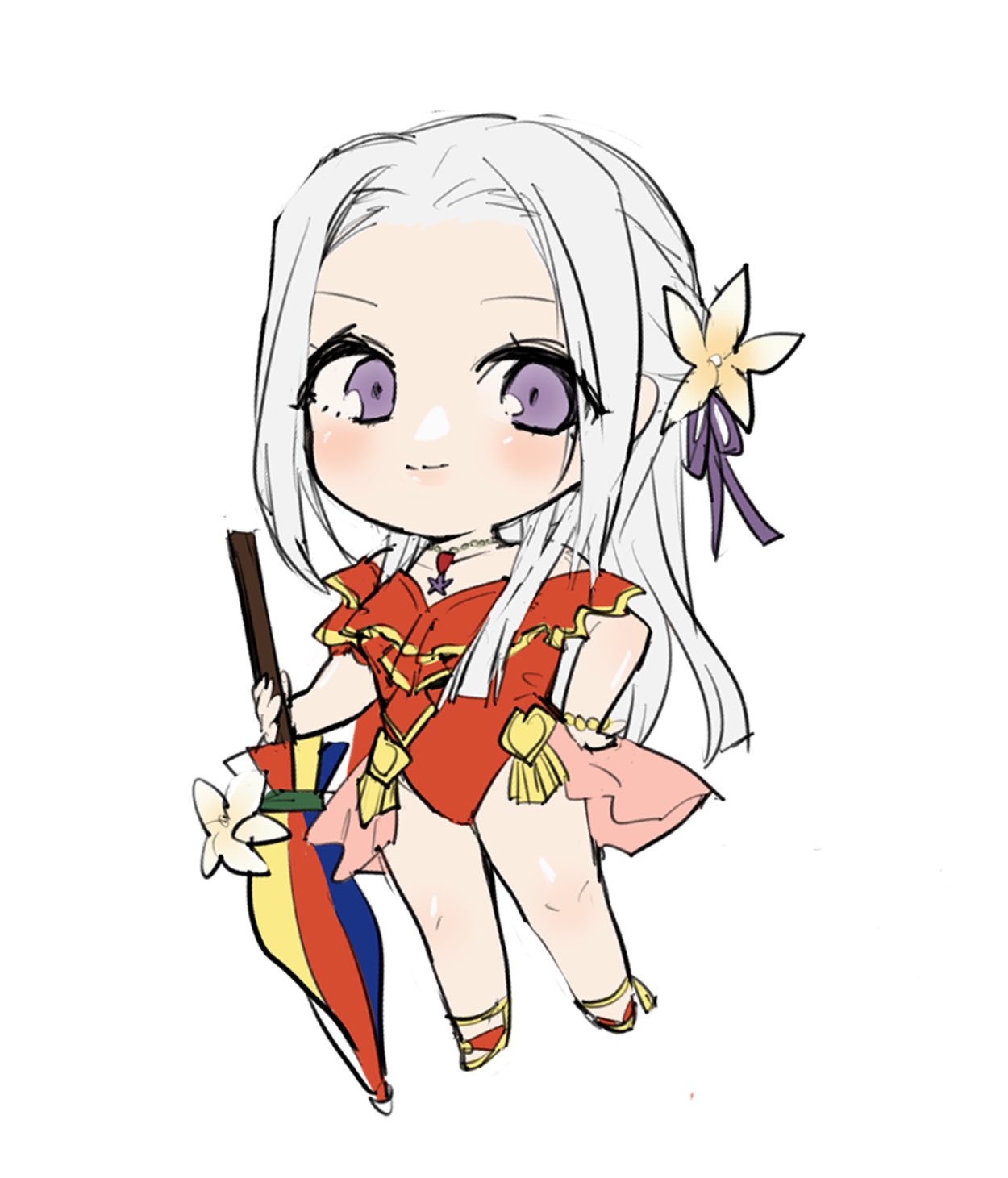 1girl, breasts, edelgard_von_hresvelg, edelgard_von_hresvelg_(summer), fire_emblem, fire_emblem:_three_houses, fire_emblem_heroes, frills, hair_ornament, hair_ribbon, highres, long_hair, looking_at_viewer, official_alternate_costume, one-piece_swimsuit, red_one-piece_swimsuit, ribbon, solo, sou_mei, swimsuit, violet_eyes, white_hair