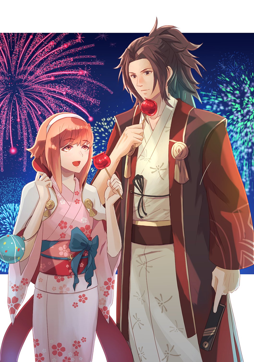 1girl, brother_and_sister, candy, candy_apple, festival, fire_emblem, fire_emblem_fates, fire_emblem_heroes, fireworks, food, highres, holding, holding_candy, holding_food, japanese_clothes, kimono, official_alternate_costume, pink_kimono, riou_(pooh920), ryoma_(fire_emblem), ryoma_(hoshidan_summer)_(fire_emblem), sakura_(fire_emblem), sakura_(yukata)_(fire_emblem), siblings, yukata