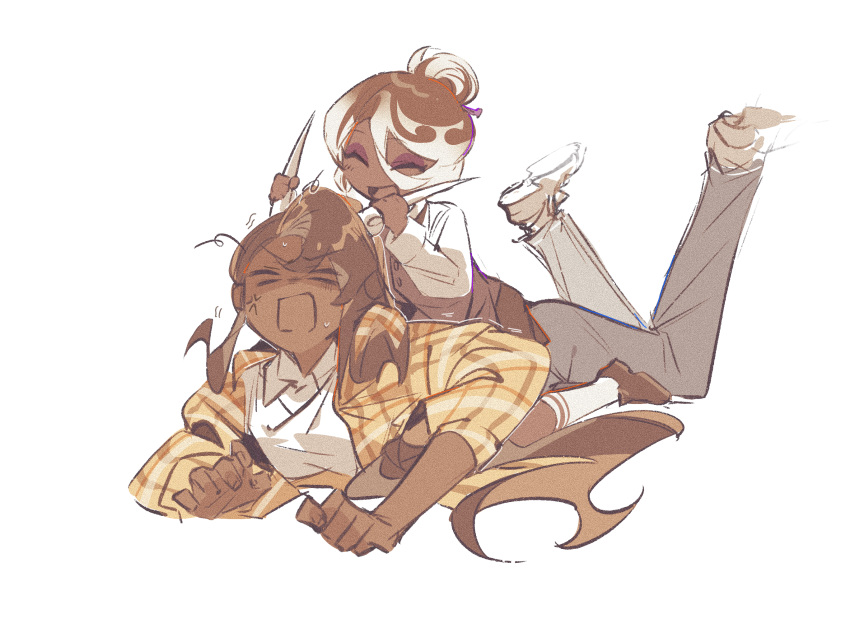1boy, 1girl, :d, ^_^, affogato_cookie, age_difference, aged_down, anger_vein