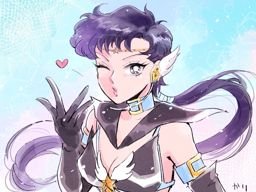 1girl, bikini, bikini_top_only, bishoujo_senshi_sailor_moon, bishoujo_senshi_sailor_moon_stars, black_bikini, black_eyes, black_hair, blowing_kiss, blue_background, breasts, brooch, choker, circlet, earrings, elbow_gloves, gloves, gradient_background, heart, highres, jewelry, karikaridaka, long_hair, magical_girl, one_eye_closed, pink_background, ponytail, portrait, sailor_senshi_uniform, sailor_star_fighter, seiya_kou, short_hair_with_long_locks, signature, solo, star_brooch, swimsuit