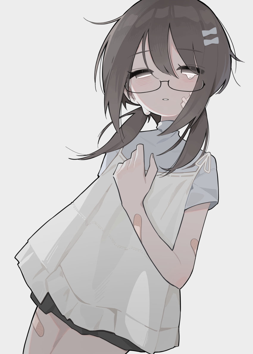 1girl, absurdres, bandaid, bandaid_on_arm, bandaid_on_thigh, black-framed_eyewear, blush, brown_eyes