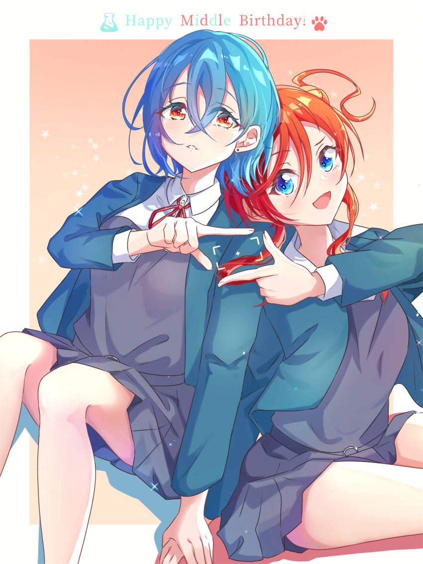 2girls, :d, absurdres, blazer, blue_eyes, blue_hair, blue_jacket, collared_shirt