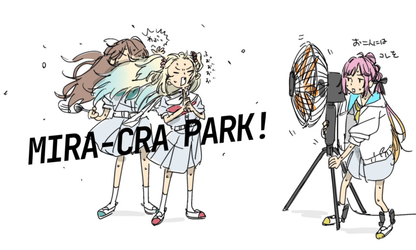 3girls, 524ryo, ahoge, anyoji_hime, aqua_footwear, aqua_neckerchief, bangs_blown_up, black_ribbon