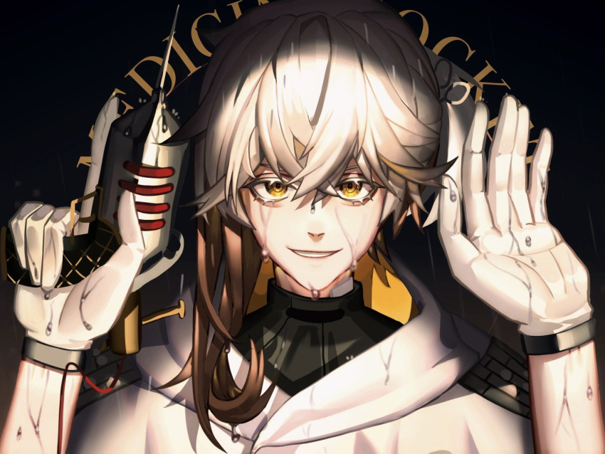 1other, black_background, brown_hair, character_name, coat, colored_tips, gloves, grin, gun, handgun, hands_up, holding, holding_gun, holding_weapon, looking_at_viewer, medicine_pocket, medium_hair, meskispainting, multicolored_hair, reverse:1999, smile, straight-on, upper_body, weapon, wet, wet_clothes, wet_face, white_coat, white_gloves, white_hair, yellow_eyes