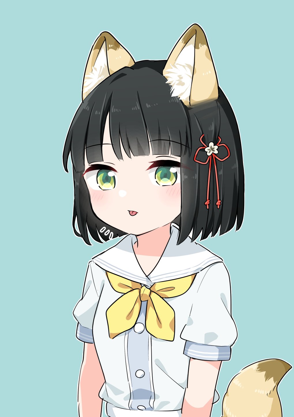 1girl, :p, animal_ear_fluff, animal_ears, black_hair, blue_background, blue_dress, blunt_bangs