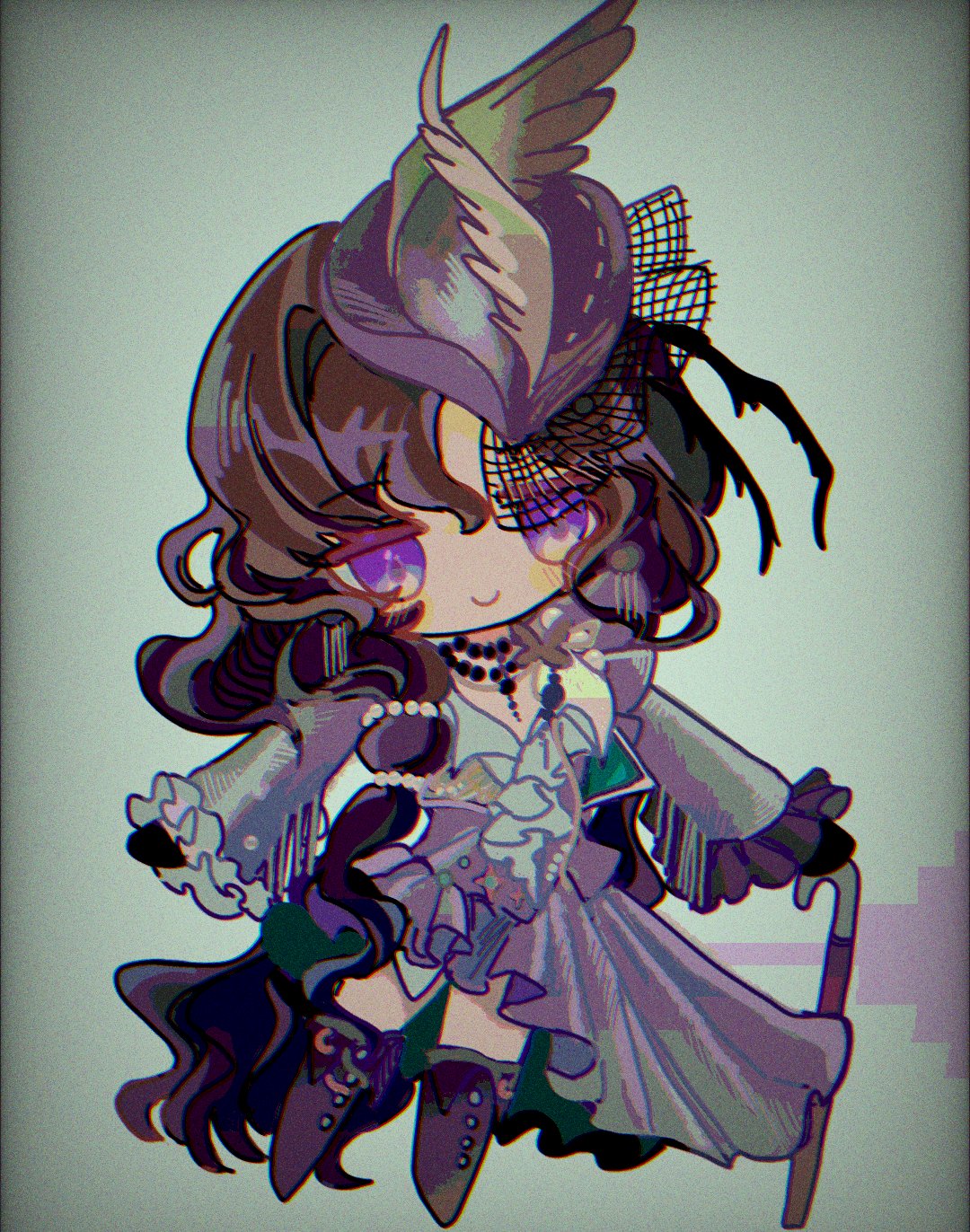1girl, black_gloves, black_hair, boots, brown_footwear, cane, chibi, chromatic_aberration