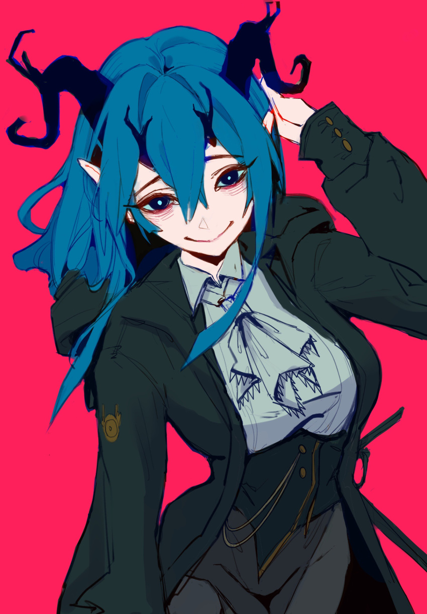 1girl, aliceandash, arknights, black_eyes, blue_hair, breasts, demon_girl, demon_horns