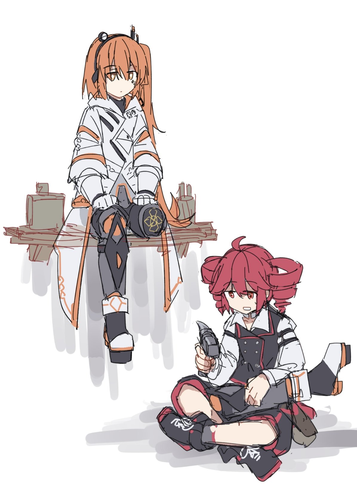 2girls, a.i._voice, adachi_rei, ahoge, android, black_jacket, black_shorts, boots, coat, drill_hair, frontiersun, gloves, hammer, highres, holding, holding_hammer, indian_style, jacket, kasane_teto, long_hair, long_sleeves, mechanical_arms, multiple_girls, open_mouth, orange_eyes, orange_hair, red_eyes, redhead, severed_limb, shelf, short_hair, shorts, side_ponytail, sitting, sketch, sweatdrop, twin_drills, utau, white_background, white_coat, white_gloves