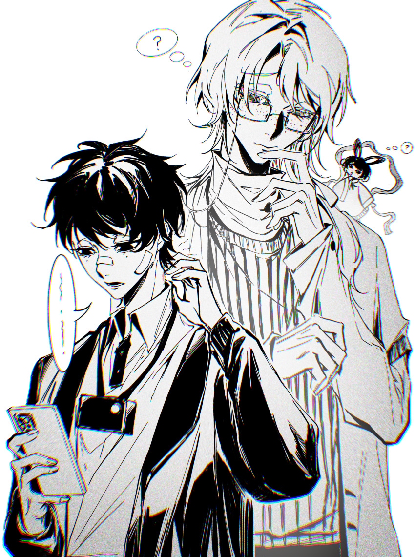 1girl, 2boys, ?, absurdres, bai_ling_(touqi_guaitan), camera, camera_around_neck, cellphone, chinese_commentary, chromatic_aberration, closed_mouth, collared_shirt, commentary_request, eyewear_strap, freckles, glasses, greyscale, hagoromo, hair_rings, highres, holding, holding_phone, jacket, li_yuting_(female), long_sleeves, lu_jingu, mini_person, minigirl, mole, mole_under_each_eye, mole_under_eye, monochrome, multiple_boys, multiple_moles, open_clothes, open_jacket, phone, semi-rimless_eyewear, shawl, shirt, shiyu_sandu, short_hair, simple_background, speech_bubble, sweater, thought_bubble, touqi_guaitan, turtleneck, turtleneck_sweater, vest, white_background
