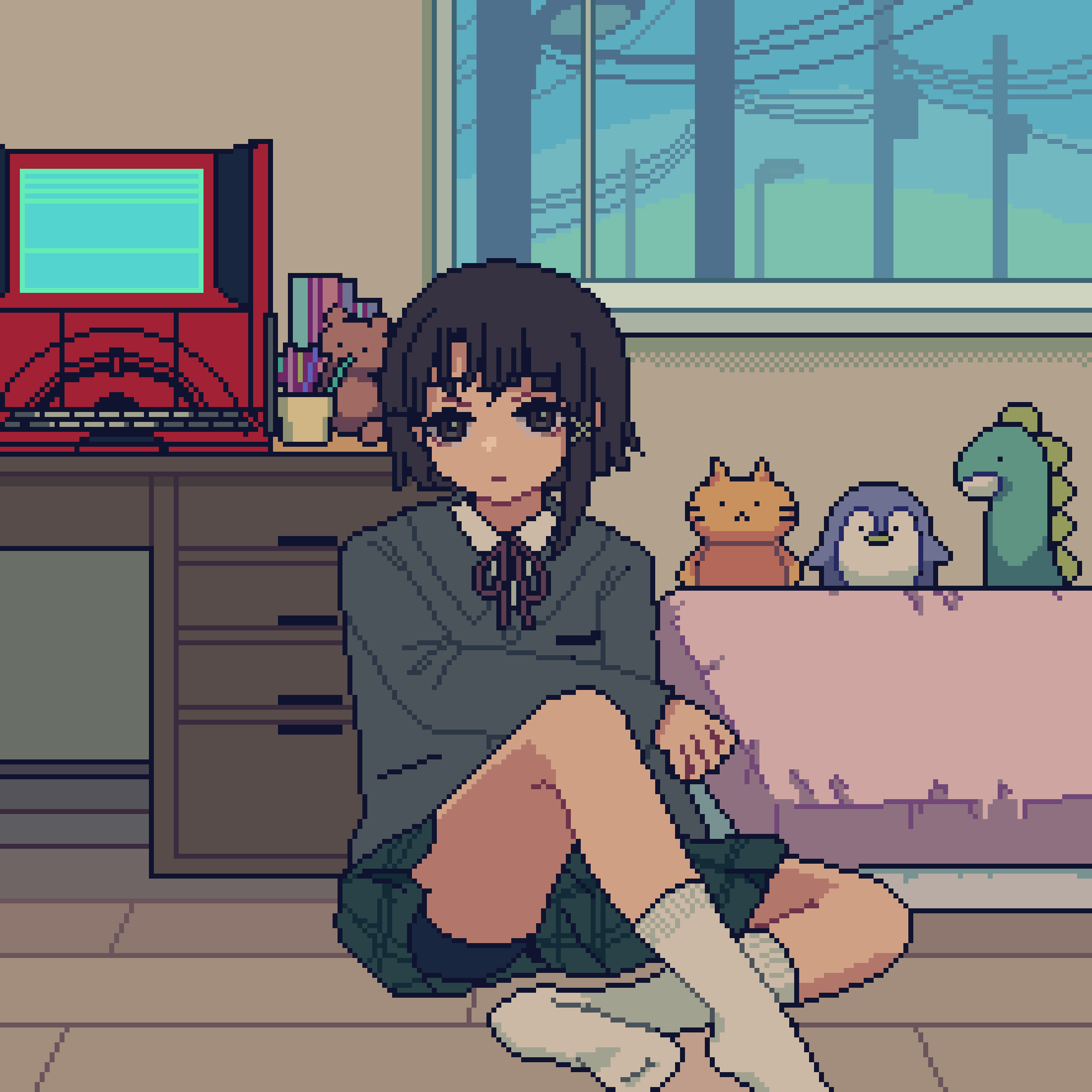 1girl, asymmetrical_hair, bed, blazer, blue_sky, brown_eyes, brown_hair, closed_mouth