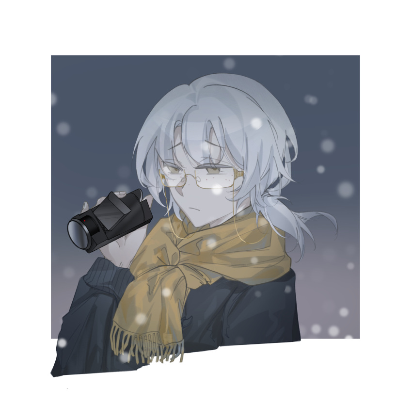 1boy, absurdres, bai_ling_(touqi_guaitan), black_jacket, camera, chinese_commentary, closed_mouth, colored_eyelashes, commentary_request, eyewear_strap, freckles, glasses, hair_between_eyes, highres, holding, holding_camera, jacket, kunlou, long_sleeves, male_focus, medium_hair, rectangular_eyewear, scarf, semi-rimless_eyewear, solo, touqi_guaitan, white_hair, yellow-framed_eyewear, yellow_eyes, yellow_scarf