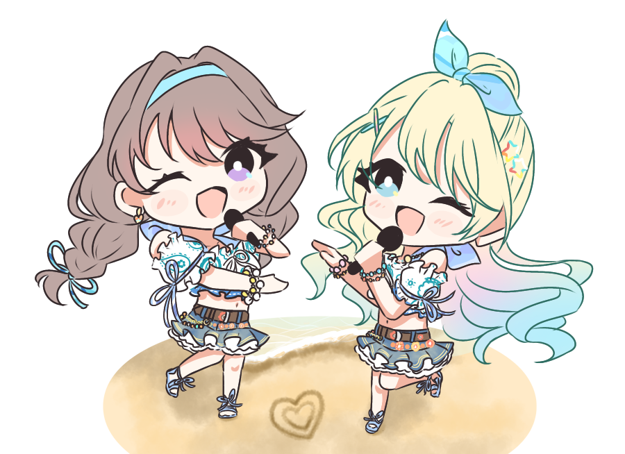 2girls, ;d, beach, belt, blonde_hair, blue_bow, blue_eyes, blue_hair, blue_ribbon, blue_skirt, blush, bow, braid, bright_pupils, brown_belt, brown_hair, chibi, chibi_only, commentary_request, cropped_shirt, denim, denim_skirt, detached_sleeves, frilled_shirt_collar, frilled_skirt, frills, fujishima_megumi, gradient_hair, hair_bow, hair_bun, hair_ribbon, heart, holding, holding_microphone, leg_up, light_blue_hair, link!_like!_love_live!, long_hair, looking_at_viewer, love_live!, low_twin_braids, microphone, midriff, miniskirt, mira-cra_park!, multicolored_hair, multiple_girls, natsumeki_pain, navel, official_alternate_costume, one_eye_closed, open_mouth, osawa_rurino, puffy_short_sleeves, puffy_sleeves, ribbon, sakari_(pear_8_ll), shirt, short_sleeves, single_hair_bun, skirt, sleeveless, sleeveless_shirt, smile, split_mouth, standing, standing_on_one_leg, swept_bangs, twin_braids, violet_eyes, white_background, white_pupils