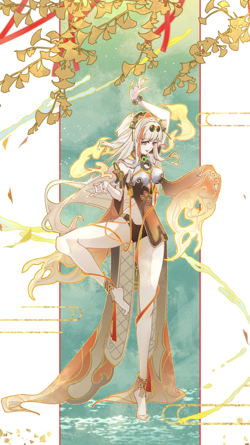 1girl, absurdres, arm_up, barefoot, bell, blonde_hair, branch, breasts