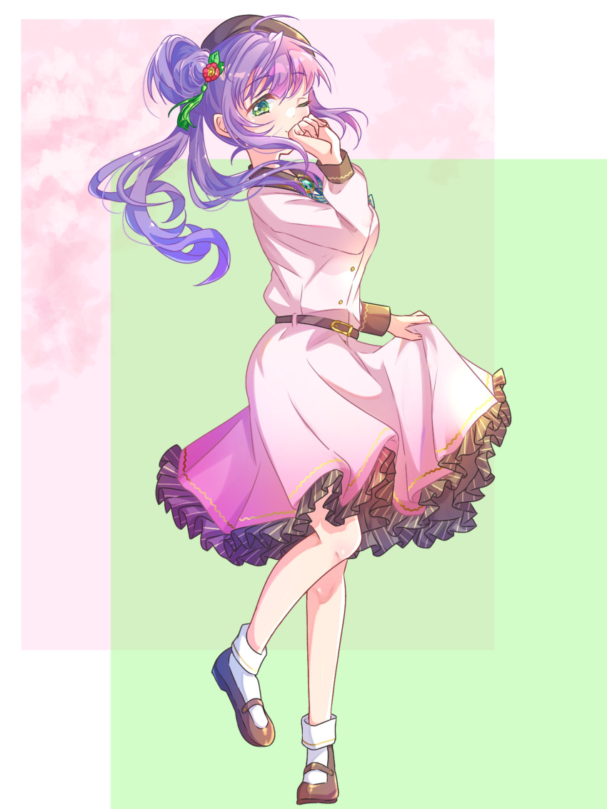 1girl, aqua_ribbon, belt, brown_belt, brown_footwear, collared_dress, commentary_request, covering_own_mouth, dream_believers, dress, flower, full_body, gradient_clothes, gradient_dress, green_background, green_eyes, hair_bun, hair_flower, hair_ornament, hand_up, highres, link!_like!_love_live!, lone_nape_hair, long_hair, long_sleeves, love_live!, mary_janes, medium_dress, multicolored_background, neck_ribbon, official_alternate_costume, one_eye_closed, otomune_kozue, pink_background, pink_dress, purple_hair, red_flower, ribbon, sakari_(pear_8_ll), shoes, side_ponytail, sidelocks, single_side_bun, skirt_hold, socks, solo, standing, virtual_youtuber, white_socks