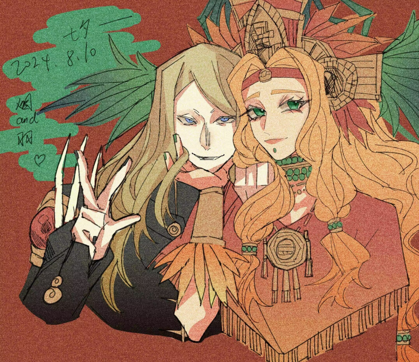 1boy, 1girl, 24621898, black_bodysuit, blonde_hair, blue_eyes, bodysuit, brother_and_sister, fate/grand_order, fate_(series), green_eyes, highres, long_hair, looking_at_viewer, mexican_clothes, quetzalcoatl_(fate), siblings, tezcatlipoca_(fate), tezcatlipoca_(second_ascension)_(fate), v