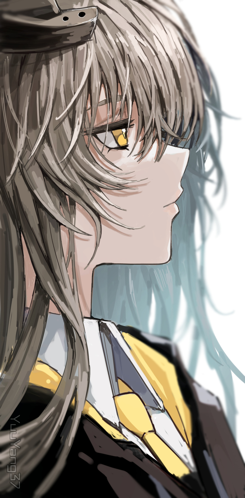 1girl, absurdres, artist_name, black_jacket, closed_mouth, collared_shirt, english_commentary, from_side, girls_frontline, highres, jacket, light_brown_hair, long_hair, necktie, portrait, shirt, simple_background, solo, ump45_(girls'_frontline), ump45_(mod3)_(girls'_frontline), white_background, white_shirt, yangie37, yellow_eyes, yellow_necktie