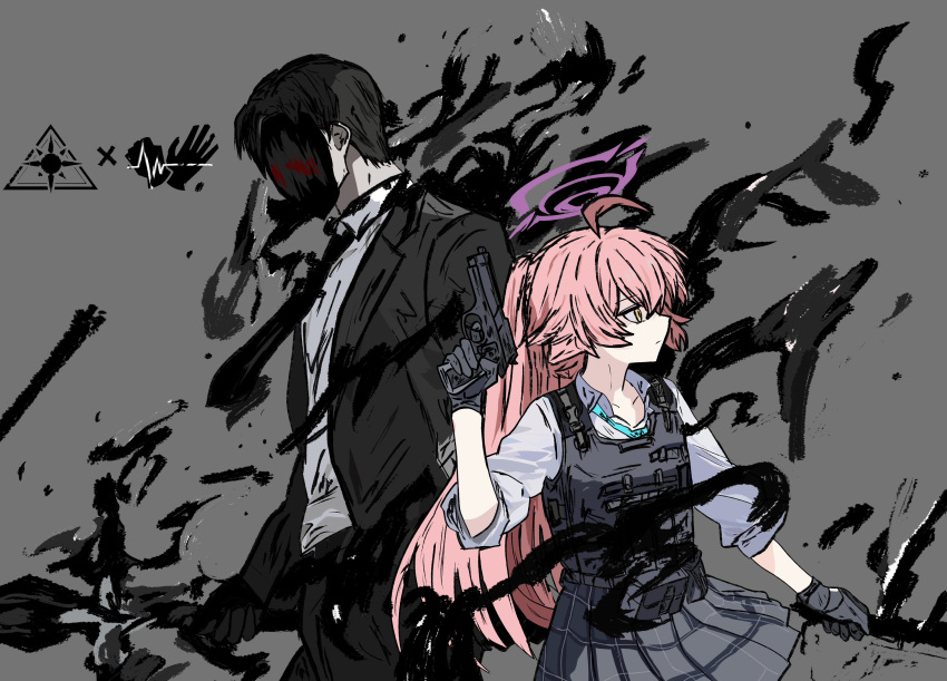 1boy, 1girl, 218_(niiya), absurdres, black_hair, blue_archive, bulletproof_vest, character_request