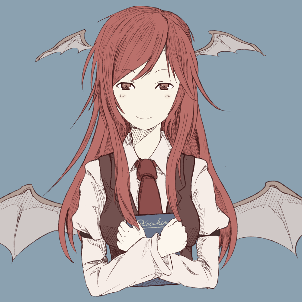 bat_wings, book, book_hug, dress_shirt, face, head_wings, kahasina, kawashina_(momen_silicon), koakuma, long_hair, long_sleeves, low_wings, necktie, red_eyes, red_hair, redhead, romaji, shirt, simple_background, smile, solo, the_embodiment_of_scarlet_devil, touhou, vest, white_shirt, wings