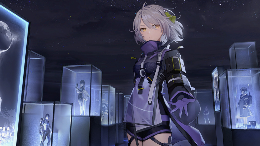 1girl, acacia_(snowbreak), belt, buckle, dress, game_cg, gloves, grey_hair, hair_ornament, highres, long_sleeves, night, official_art, open_hand, outdoors, popped_collar, purple_gloves, short_hair, snap-fit_buckle, snowbreak:_containment_zone, solo_focus, star_(sky), strap, third-party_source, wide_sleeves, yellow_eyes