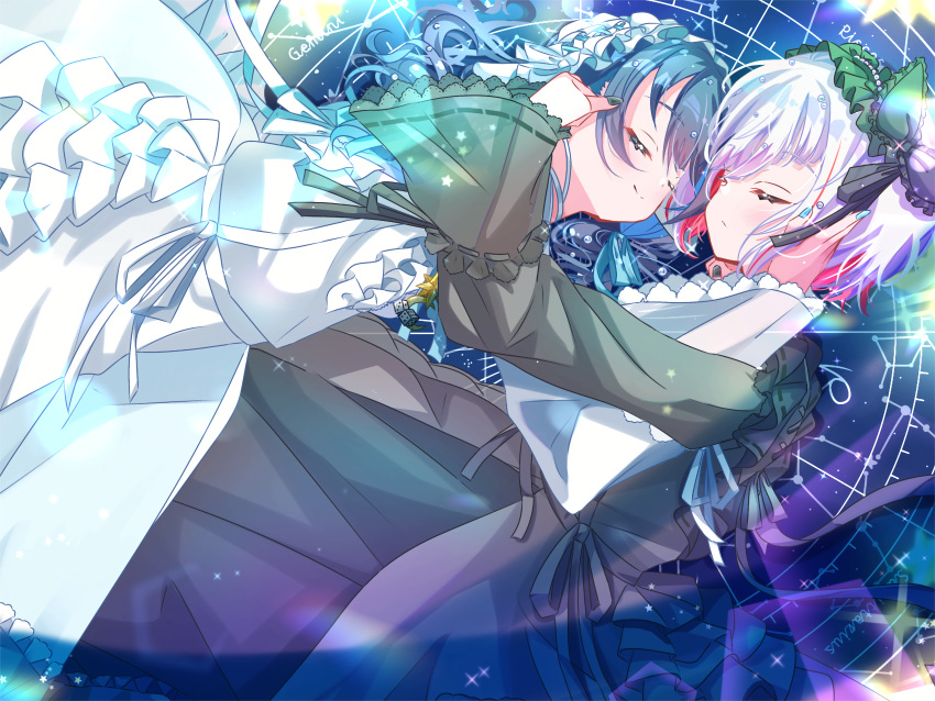 2girls, absurdres, black_dress, black_hairband, black_nails, blue_hair, blue_nails, closed_eyes, closed_mouth, colored_inner_hair, commentary_request, dark_blue_hair, dollchestra, dress, expressionless, face-to-face, frilled_dress, frilled_hairband, frills, grey_hair, hairband, hand_on_another's_head, highres, link!_like!_love_live!, long_hair, long_sleeves, love_live!, multicolored_hair, multiple_girls, murano_sayaka, official_alternate_costume, redhead, sakari_(pear_8_ll), short_hair, sleeves_past_wrists, smile, split_mouth, streaked_hair, tsuki_makase, virtual_youtuber, white_dress, white_hairband, wide_sleeves, yugiri_tsuzuri, yuri, zodiac_wheel
