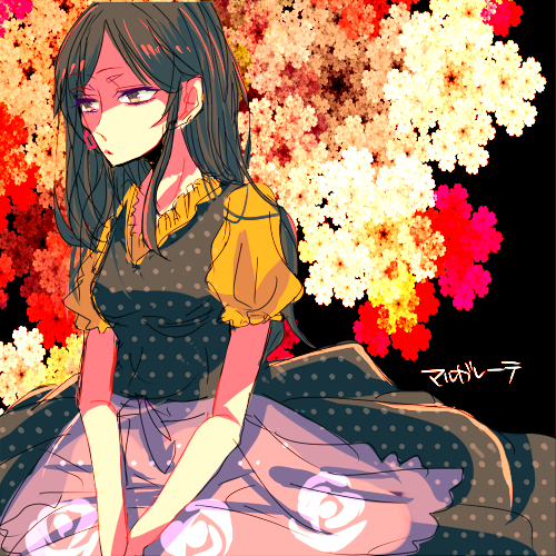 1girl, berl_to_okashi_no_ie, black_dress, black_hair, character_name, dress, earrings, jewelry, koiro14, long_hair, lowres, margarethe_(berl_to_okashi_no_ie), polka_dot, polka_dot_dress, puffy_short_sleeves, puffy_sleeves, short_sleeves, single_earring, solo, translated