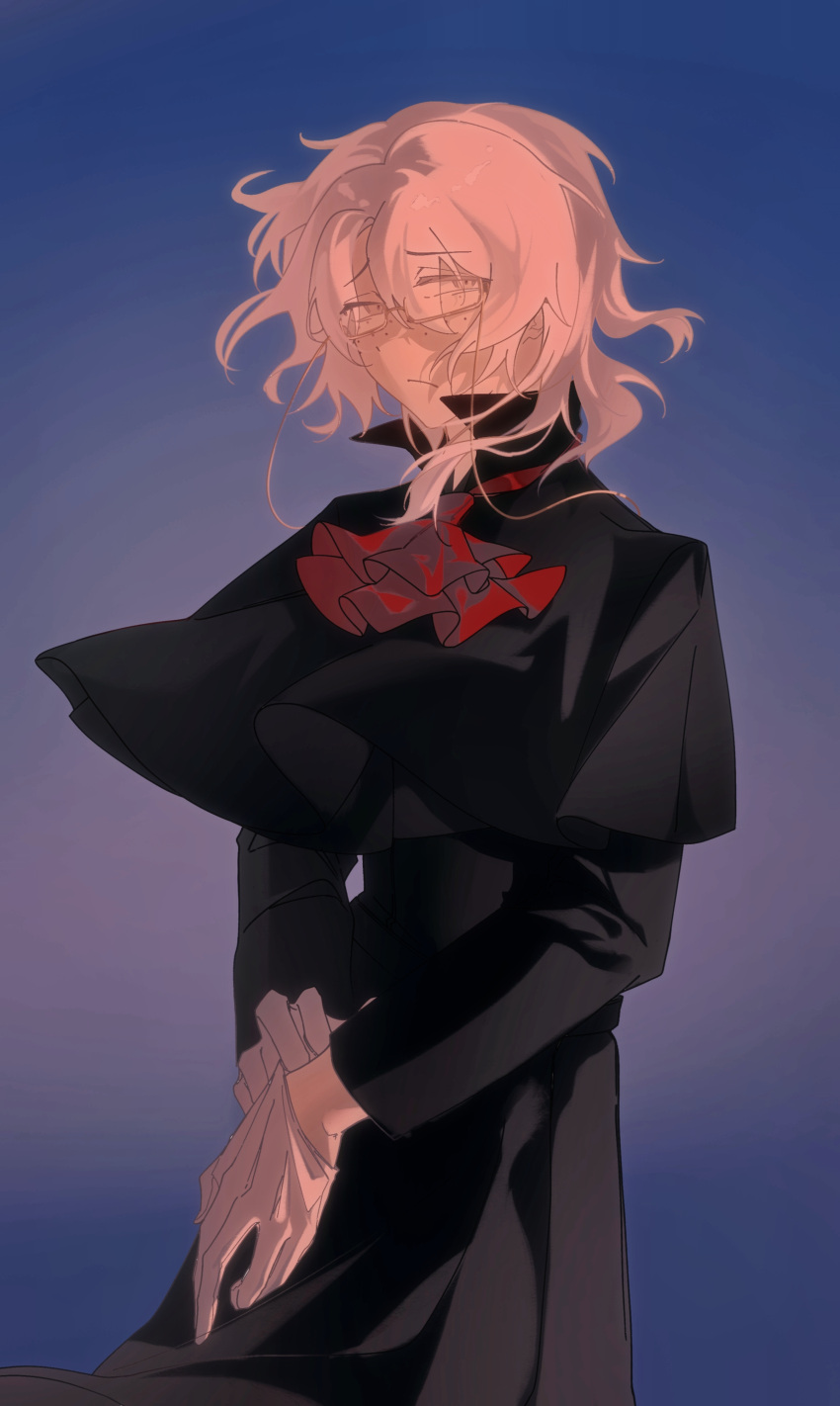 1boy, :/, absurdres, ascot, bai_ling_(touqi_guaitan), black_capelet, black_coat, blue_background, capelet, chinese_commentary, closed_mouth, coat, commentary_request, eyewear_strap, freckles, glasses, gloves, gradient_background, hair_between_eyes, highres, kunlou, long_sleeves, male_focus, medium_hair, rectangular_eyewear, red_ascot, semi-rimless_eyewear, solo, touqi_guaitan, white_eyes, white_gloves, white_hair, yellow-framed_eyewear