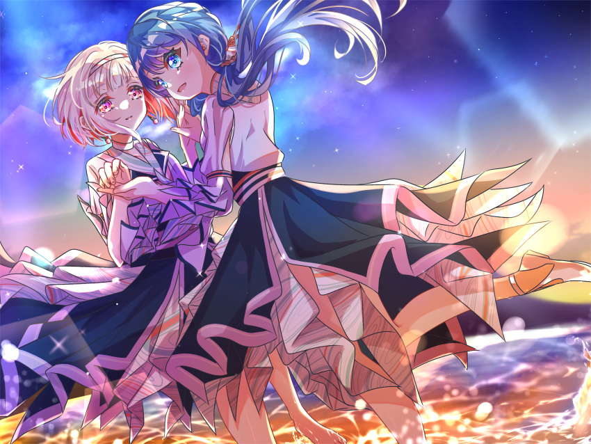 2girls, :d, absurdres, arm_cutout, barefoot, black_skirt, blue_eyes, blue_hair