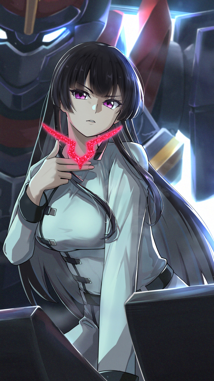 1girl, absurdres, andaan_(an_iota_of), belt, black_belt, black_hair, bodysuit, breasts, code_geass, code_geass:_dakkan_no_roze, geass, highres, hime_cut, jacket, long_hair, long_sleeves, looking_at_viewer, mecha, pants, robot, solo, sumeragi_sakuya, very_long_hair, violet_eyes, white_bodysuit, white_jacket, white_pants