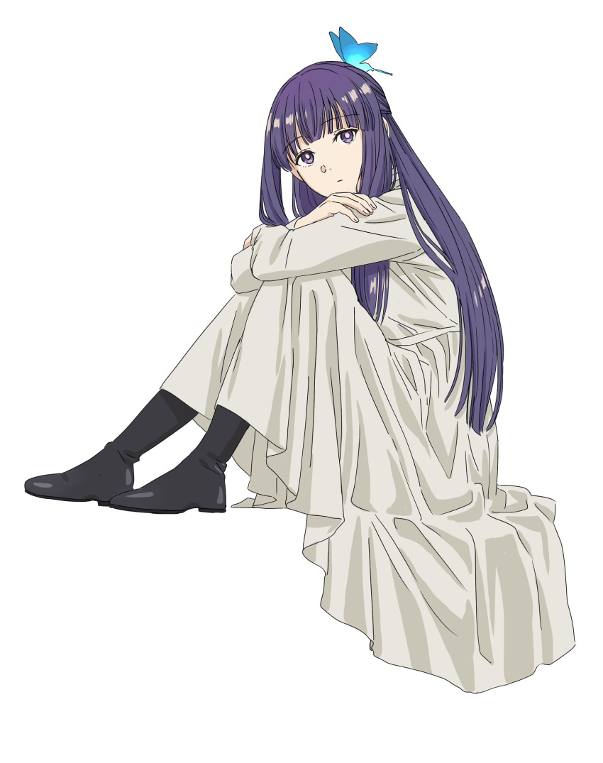 1girl, blunt_bangs, bug, butterfly, crossed_arms, dress, fern_(sousou_no_frieren), highres, looking_at_viewer, nagasawa_reiko_(animator), purple_hair, sitting, sousou_no_frieren, straight_hair, violet_eyes, white_background, white_dress