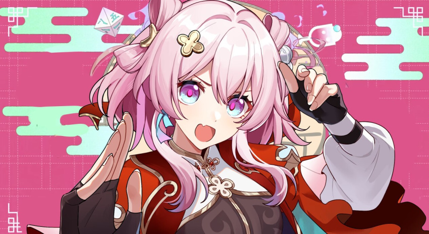 1girl, :d, black_gloves, chinese_clothes, earrings, fang, fingerless_gloves, gloves