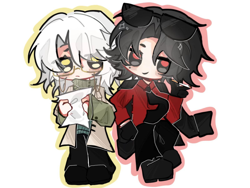 2boys, aqua_sweater, bai_ling_(touqi_guaitan), black_eyes, black_footwear, black_gloves, black_hair, black_jacket