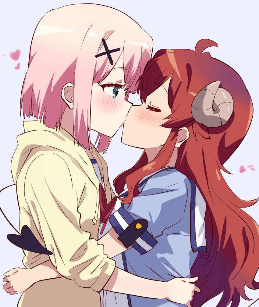 2girls, ahoge, blush, brown_hair, chiyoda_momo, closed_eyes, curled_horns, demon_girl