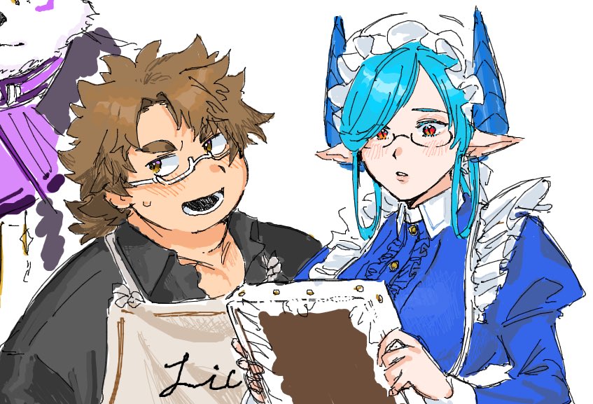 1boy, 1girl, apron, aqua_hair, black_shirt, blue_dress, blue_horns, blush