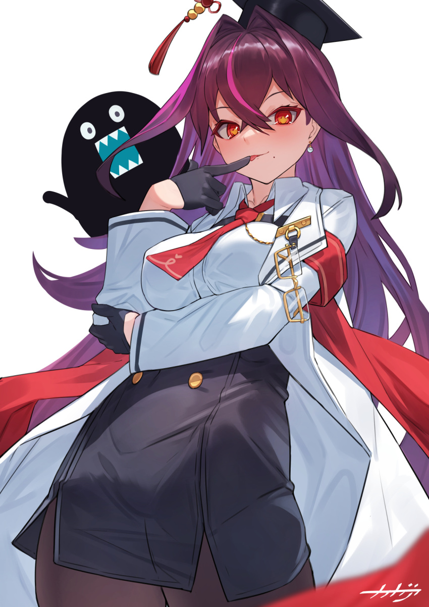 1girl, armband, arpeggio_kaga, black_gloves, black_pantyhose, black_skirt, chest_strap, coat, collared_shirt, cowboy_shot, crossed_bangs, dokugai_chinami, earrings, finger_to_mouth, from_below, glasses, gloves, hair_between_eyes, hair_intakes, hand_on_own_elbow, hat, high-waist_skirt, highres, indie_virtual_youtuber, jewelry, long_hair, long_sleeves, looking_at_viewer, mole, mole_under_mouth, mortarboard, necktie, pantyhose, purple_hair, red_armband, red_eyes, red_necktie, shirt, signature, simple_background, skirt, solo, symbol-shaped_pupils, tongue, virtual_youtuber, white_background, white_coat, white_shirt, yellow-framed_eyewear