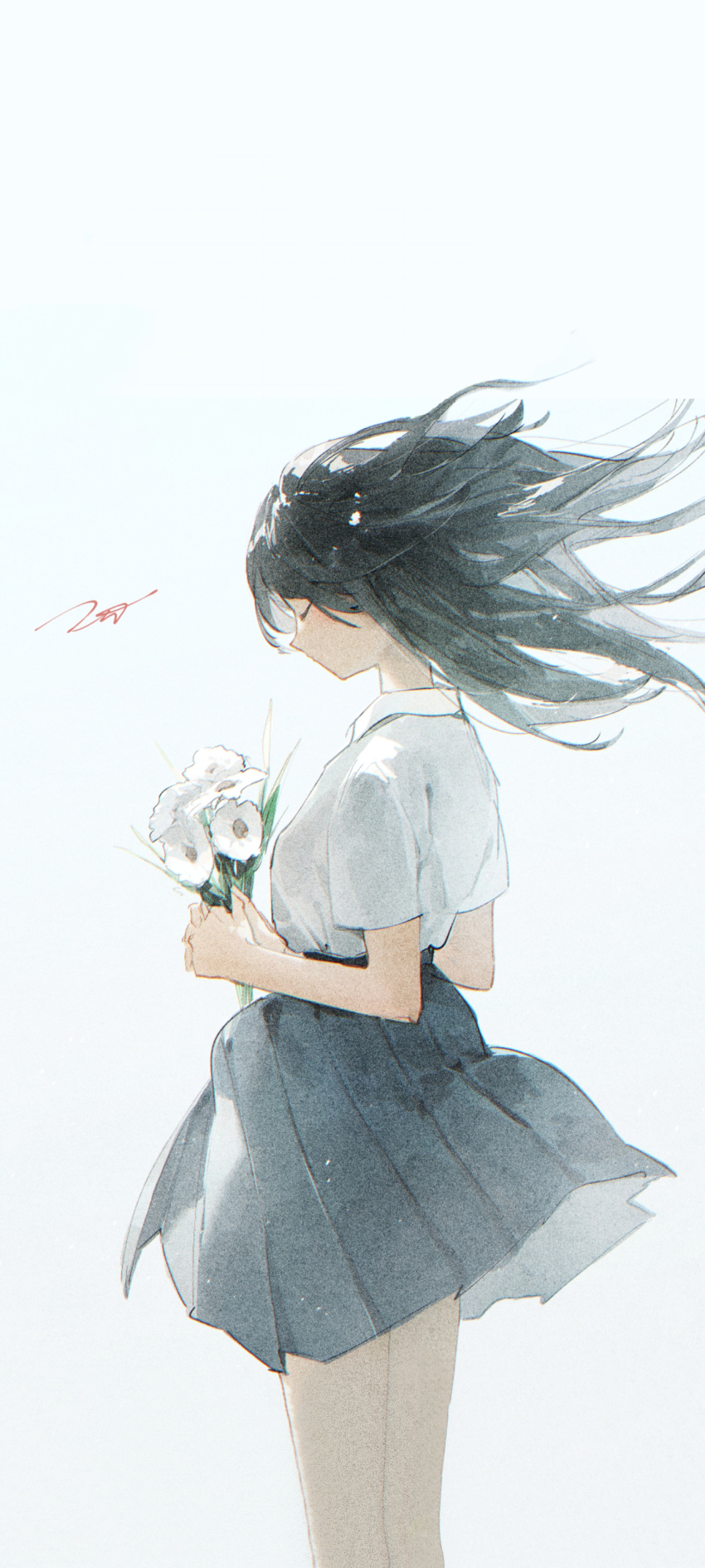 1girl, absurdres, bare_arms, black_hair, blue_skirt, bouquet, chinese_commentary, closed_eyes, collared_shirt, commentary_request, cowboy_shot, floating_clothes, floating_hair, flower, high-waist_skirt, highres, holding, holding_bouquet, light_particles, long_hair, miniskirt, original, peony_(flower), pleated_skirt, potg_(piotegu), shirt, short_sleeves, signature, simple_background, skirt, solo, white_background, white_flower, white_shirt, wind