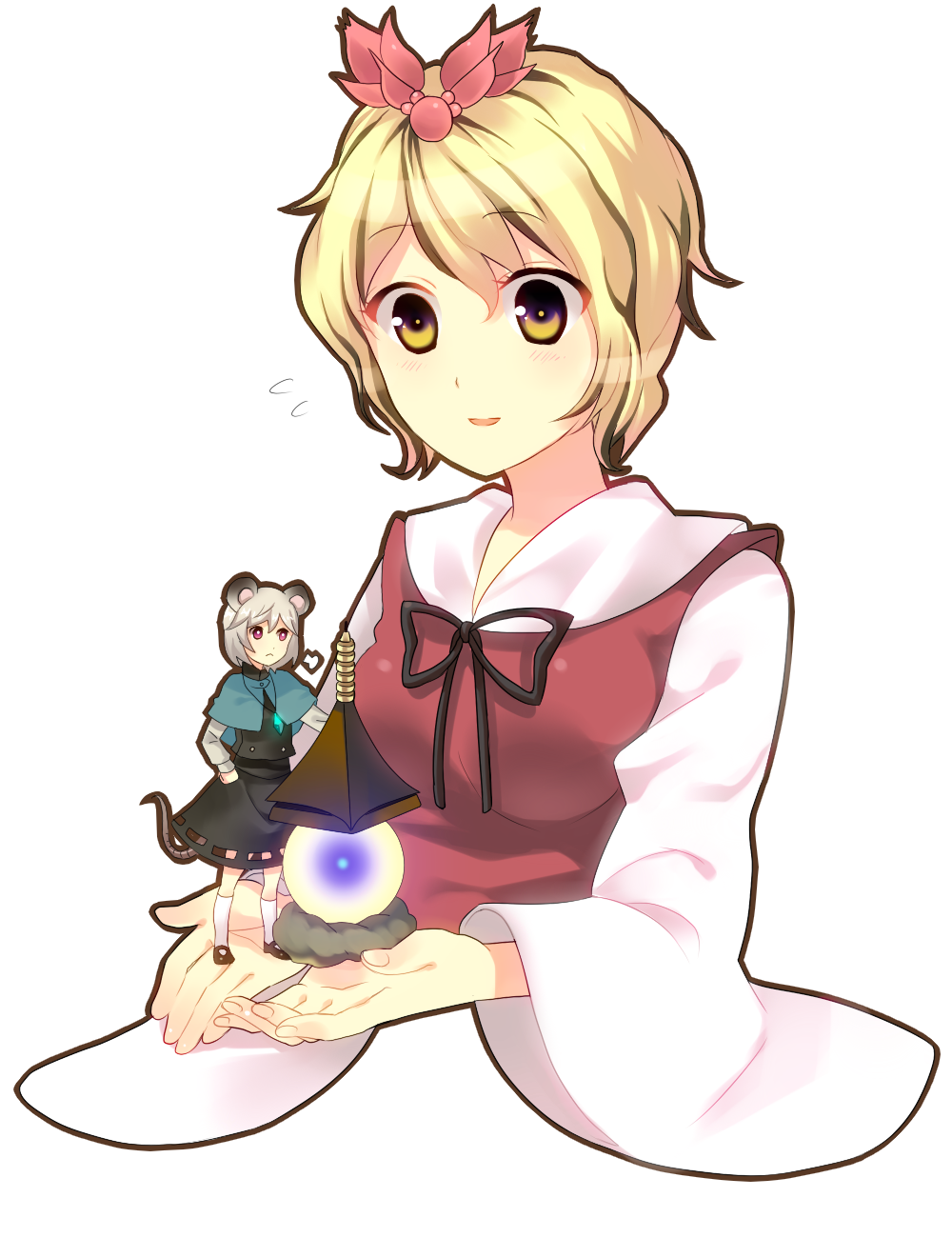 2girls, animal_ears, blonde_hair, capelet, garigarigari, glowing, grey_hair, hair_ornament