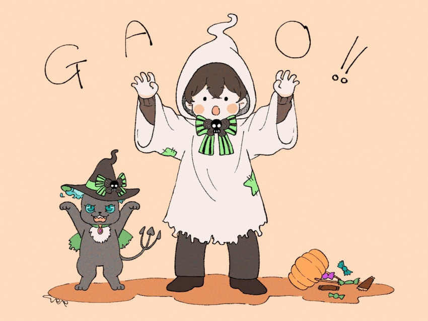 1boy, absurdres, brown_hair, candy, cat, claw_pose, creature, food, full_body, gao, ghost_costume, grim_(twisted_wonderland), halloween, halloween_bucket, halloween_costume, hat, highres, male_focus, orange_background, short_hair, simple_background, solo, twisted_wonderland, usape0kyun, witch, witch_hat, yuu_(twisted_wonderland)