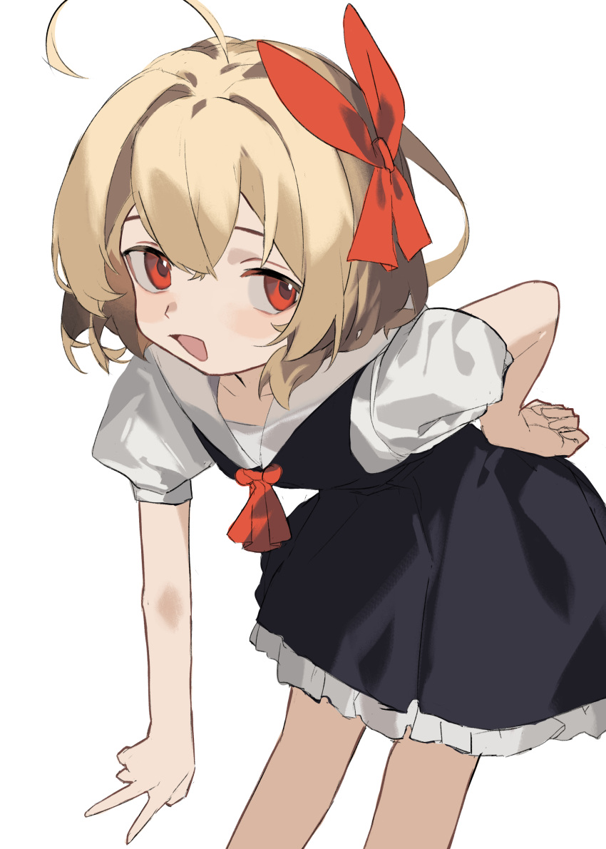1girl, :d, absurdres, ascot, black_dress, blonde_hair, clynxen, dress