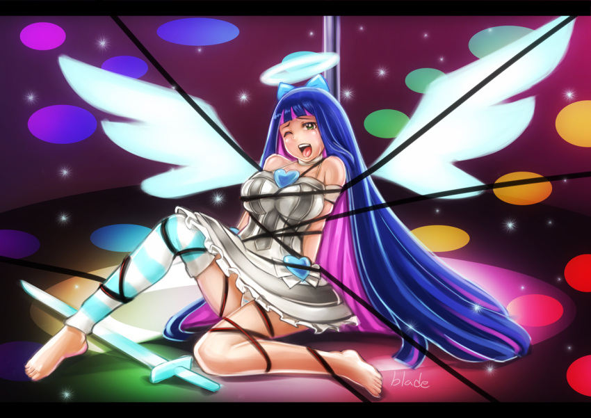 barefoot, bdsm, blue_eyes, bondage, feet, halo, heart, long_hair