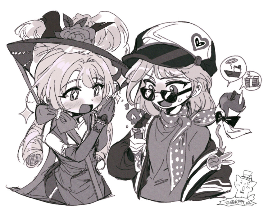 +_+, 2girls, :d, apple, apple_(reverse:1999), bow, bowtie, cabbie_hat