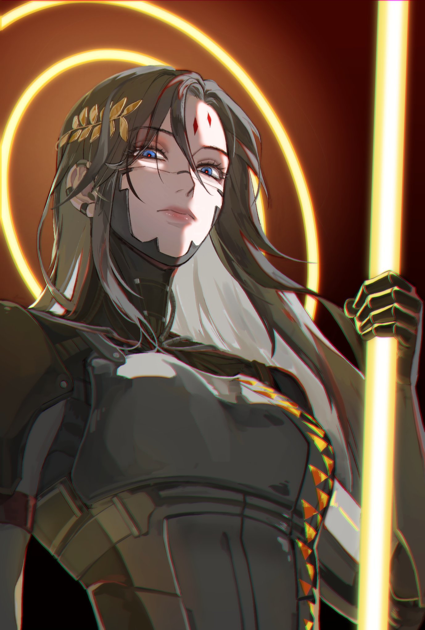1girl, armor, black_armor, black_gloves, black_hair, blue_eyes, closed_mouth, falke_(signalis)