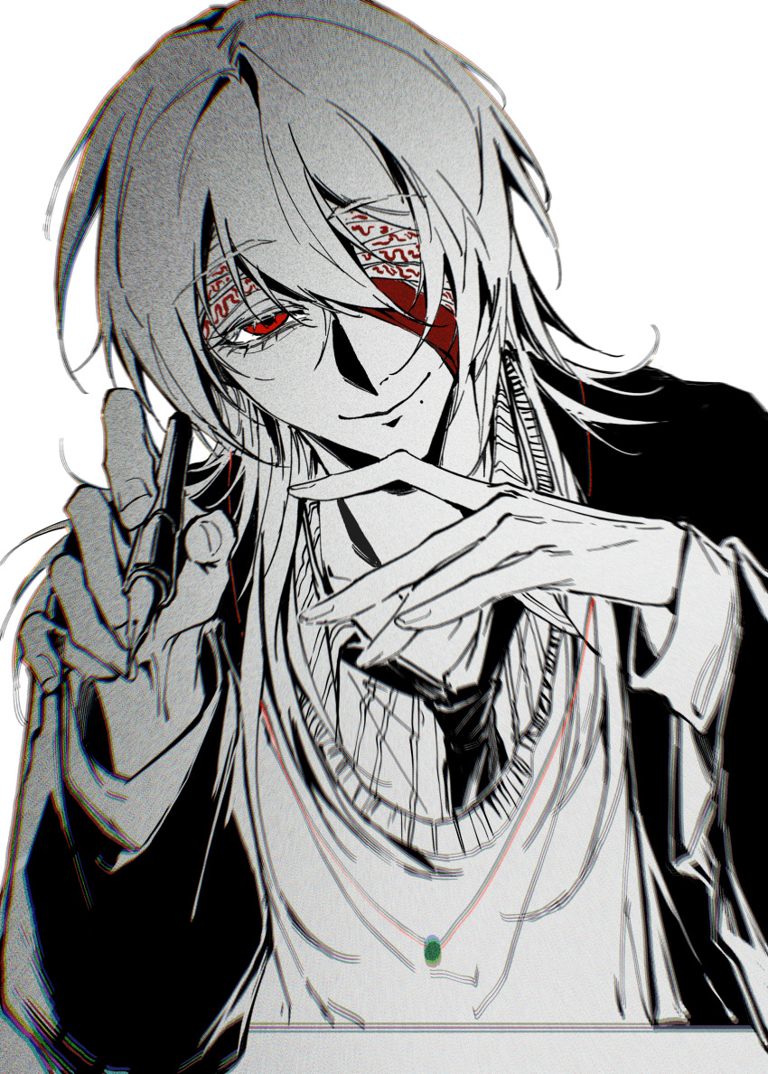 1boy, absurdres, bandage_over_one_eye, chinese_commentary, closed_mouth, collared_shirt, commentary_request, greyscale