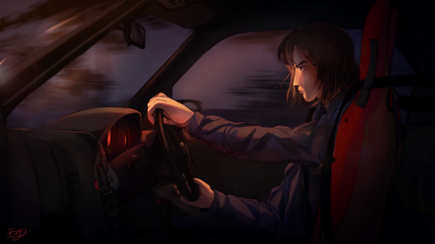 1girl, bigotitos, black_sweater, brown_hair, car_interior, dark, driving, facing_to_the_side
