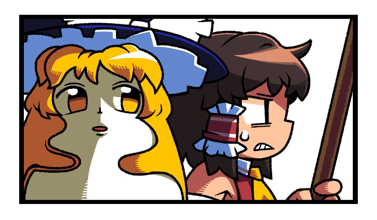 2girls, ascot, black_eyes, blonde_hair, brown_hair, clenched_teeth, commentary_request, frilled_hair_tubes