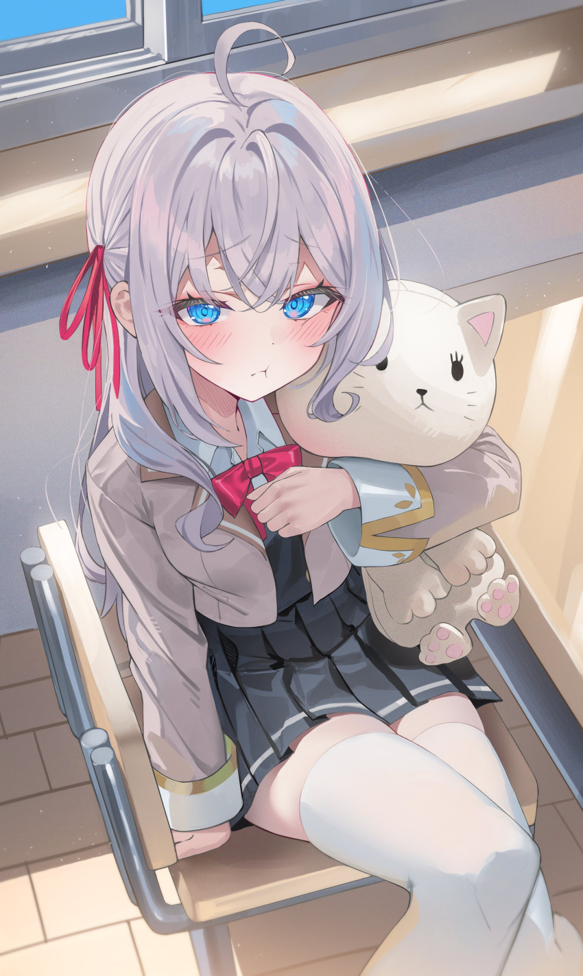 1girl, :t, absurdres, ahoge, alisa_mikhailovna_kujou, black_skirt, black_vest, blazer