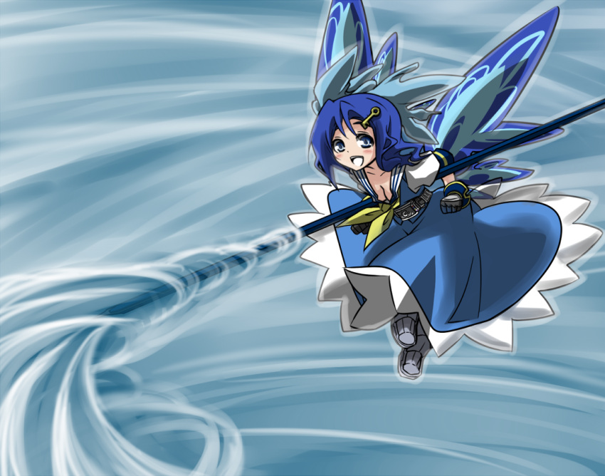 alternate_element, belt, blue_eyes, blue_hair, breasts, cirno, cleavage, kamen_rider