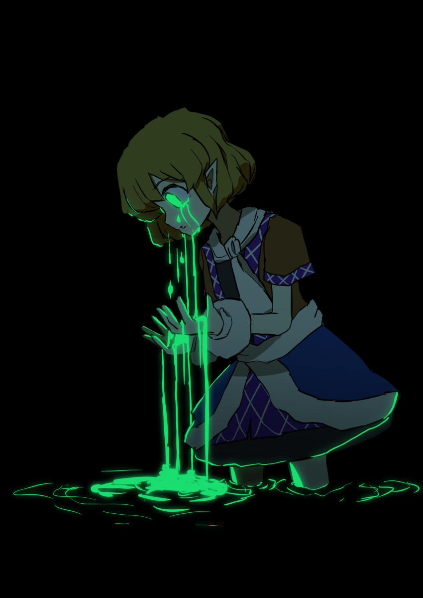 1girl, absurdres, arm_warmers, black_background, black_skirt, blonde_hair, brown_shirt, colored_tears