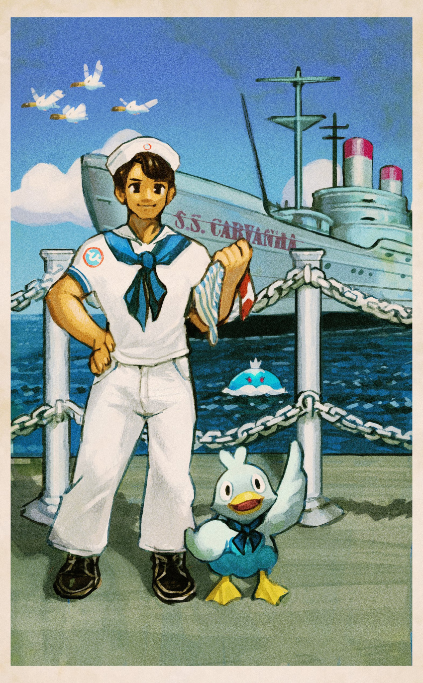 1boy, absurdres, bird, blue_feathers, blue_neckerchief, blue_sky, brown_hair, clothed_pokemon