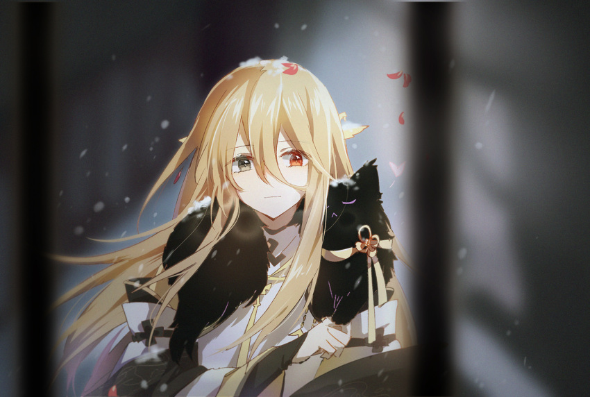 1boy, animal_around_neck, animal_on_shoulder, black_bridal_gauntlets, black_cat, blurry, bridal_gauntlets, brown_hair, buddha's_temptation_(the_tale_of_food), cat, changpao, chinese_clothes, chisuhuimo, closed_mouth, depth_of_field, double-parted_bangs, facing_viewer, falling_petals, grey_eyes, hair_between_eyes, hand_up, heterochromia, jacket, layered_sleeves, light_smile, long_bangs, long_hair, long_sleeves, looking_at_animal, male_focus, petals, red_eyes, robe, sideways_glance, snow_on_head, snowing, solo, the_tale_of_food, upper_body, white_robe, white_sleeves, wide_sleeves, wing_hair_ornament, yellow_jacket